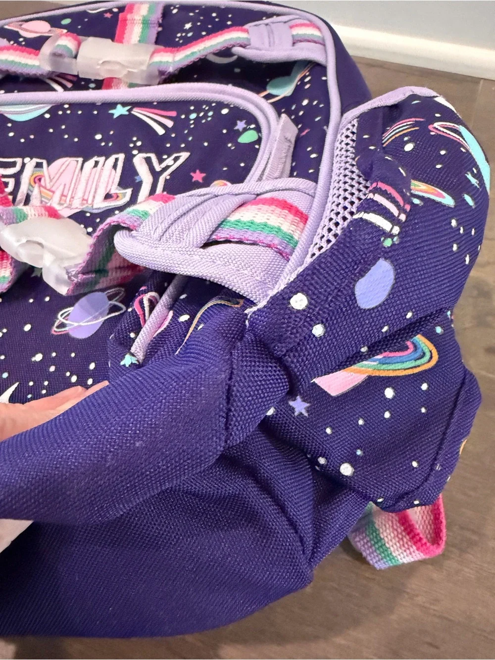 “Emily” SMALL PBK backpack, 15”, purple rainbow heart galaxy. USED